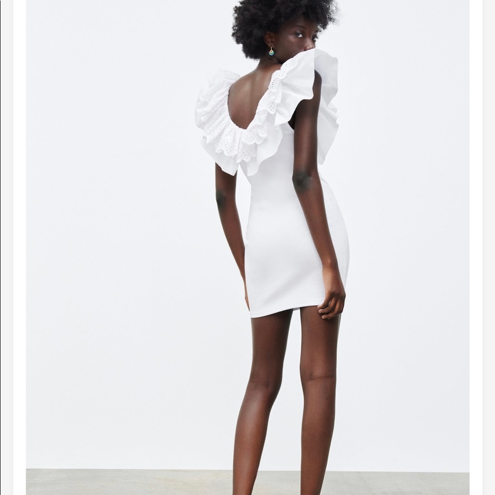 Zara White Ribbed Bodycon Ruffle Sleeve Mini Dress - NEW - S 3253806250 - Picture 7 of 8